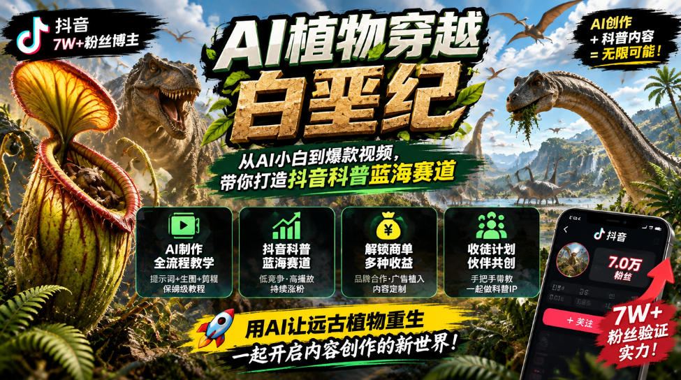 抖音7W粉丝博主的AI植物穿越白垩纪教学,抖音科普蓝海赛道,解锁商单收徒伙伴计划等多种收益-悟空知识星球