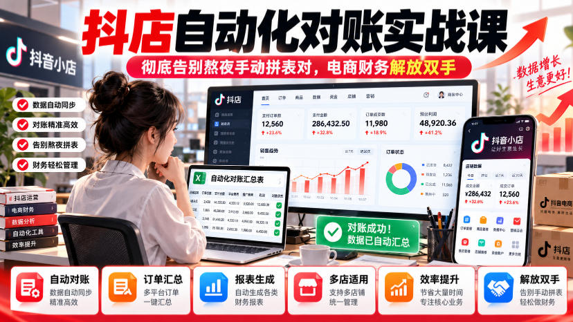 抖店自动化对账实战课,彻底告别熬夜手动拼表对,账电商财务解放双手-悟空知识星球