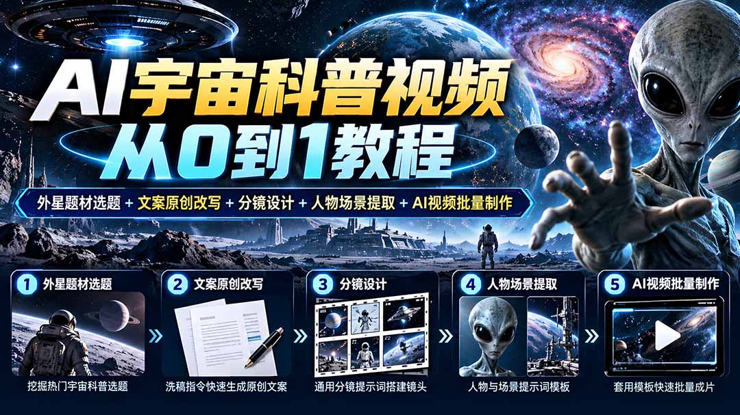 (20774期)AI宇宙科普视频从0到1教程|外星题材选题+文案原创改写+分镜设计+人物场景提取+AI视频批量制作-悟空知识星球