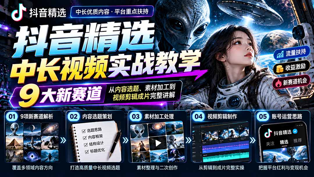 (20775期)抖音精选中长视频实战教学:拆解9项细分赛道,从内容选题、素材加工到视频剪辑成片完整讲解-悟空知识星球