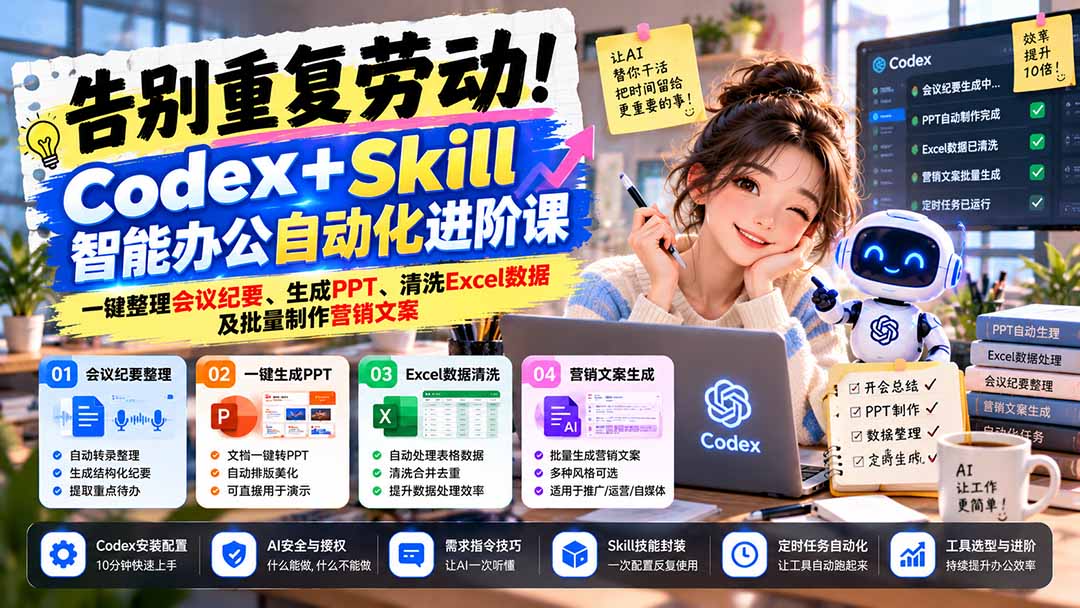 (21001期)告别重复劳动!Codex+Skill智能办公自动化进阶课:一键整理会议纪要、生成PPT、清洗Excel数据及批量制作营销文案-悟空知识星球
