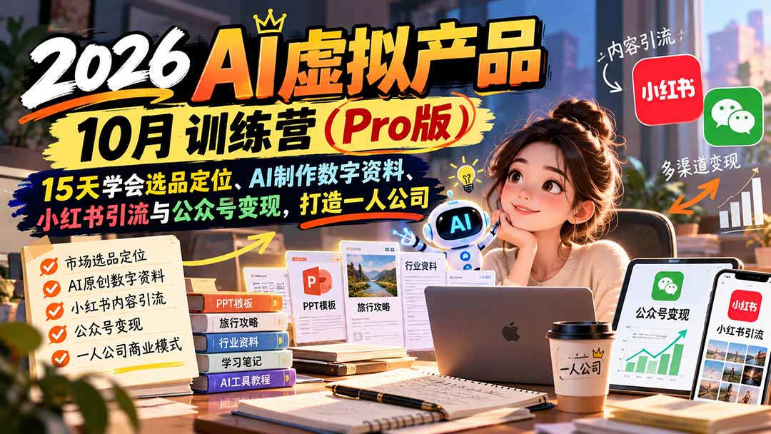 (21054期)2026AI虚拟产品10月训练营(Pro版):15天学会选品定位、AI制作数字资料、小红书引流与公众号变现,打造一人公司-悟空知识星球