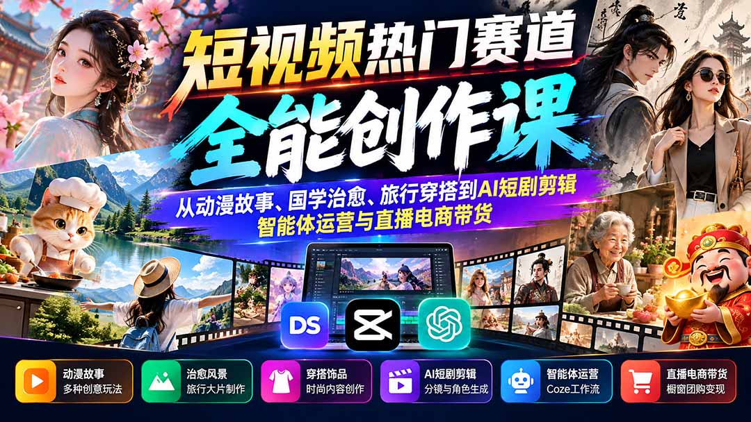 （20956期）短视频热门赛道全能创作课：从动漫故事、国学治愈、旅行穿搭到AI短剧剪辑、智能体运营与直播电商带货-悟空知识星球