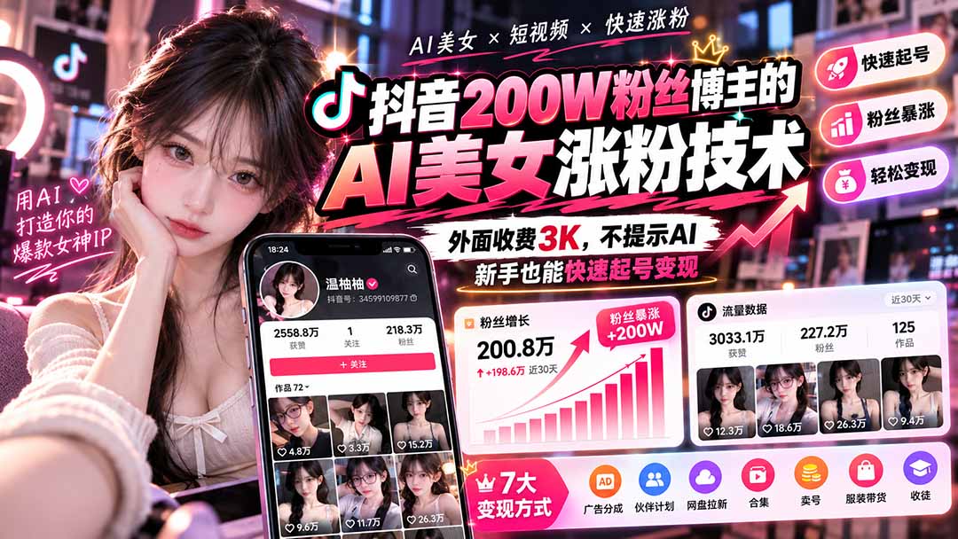 (21106期)抖音200W粉丝博主的AI美女涨粉技术,外面收费3K,不提示AI,新手也能快速起号变现-悟空知识星球