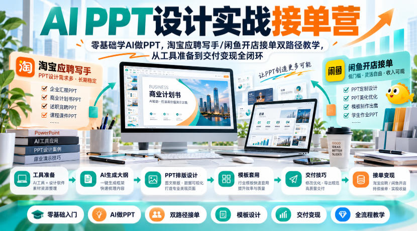 AI PPT设计实战接单营|零基础学AI做PPT,淘宝应聘写手/闲鱼开店接单双路径教学,从工具准备到交付变现全闭环-悟空知识星球