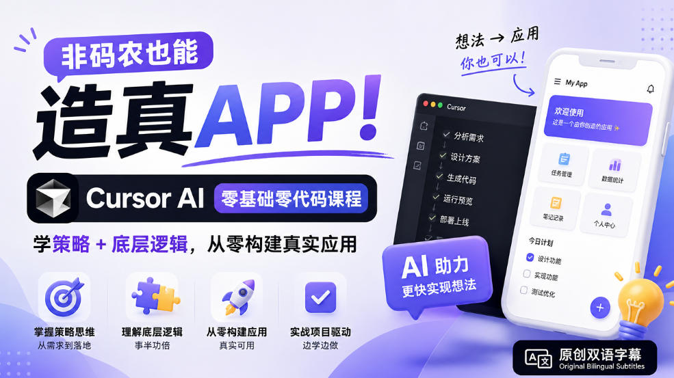 非码农也能造真APP!Cursor AI零基础零代码课程:学策略+底层逻辑,从零构建真实应用【原创双语字幕】-悟空知识星球