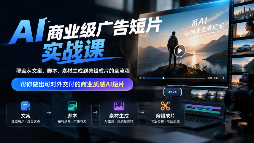 AI商业级广告短片实战课,覆盖从文案、脚本、素材生成到剪辑成片的全流程,帮你做出可对外交付的商业质感AI短片-悟空知识星球