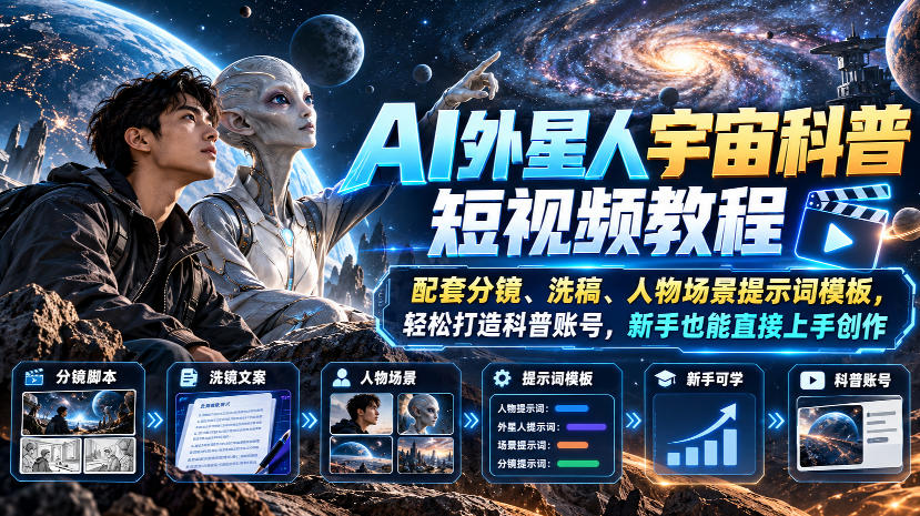 AI外星人宇宙科普短视频教程，配套分镜、洗稿、人物场景提示词模板，轻松打造科普账号，新手也能直接上手创作-悟空知识星球