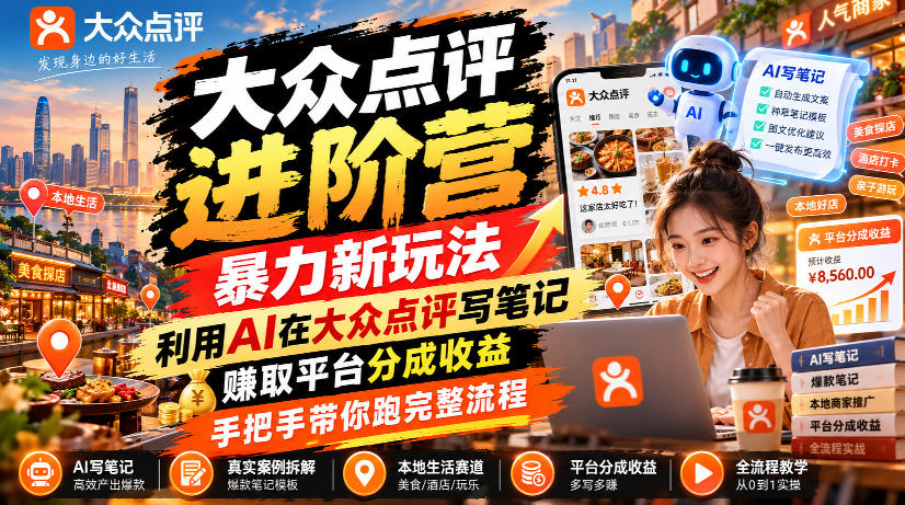 大众点评进阶营，暴力新玩法，利用AI在大众点评写笔记， 賺取平台分成收益，手把手带你跑完整流程-悟空知识星球