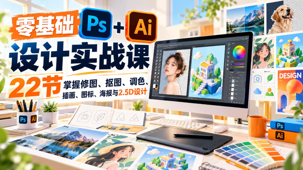 【无水印】零基础PS+AI设计实战课|22节掌握修图、抠图、调色、插画、图标、海报与2.5D设计-悟空知识星球