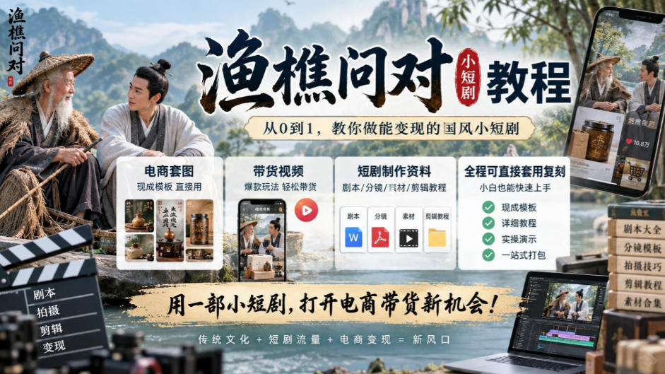渔樵问对小短剧教程,包含电商套图、带货视频,短剧制作资料,全程可直接套用复刻-悟空知识星球