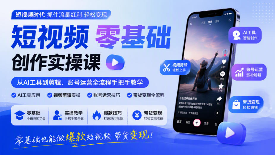 短视频零基础创作实操课,从AI工具到剪辑、账号运营全流程手把手教学,零基础也能做爆款短视频带货变现-悟空知识星球