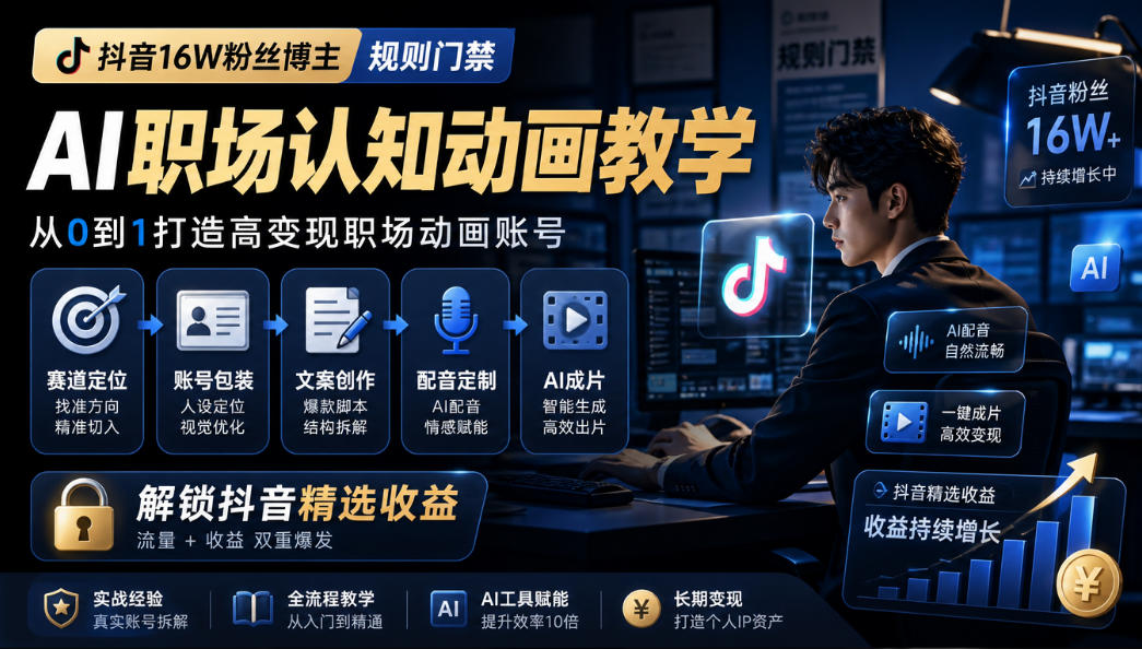 抖音16W粉丝博主规则门禁的AI职场认知动画教学,从赛道定位、账号包装,到文案创作、配音定制、AI成片,解锁抖音精选收益-悟空知识星球