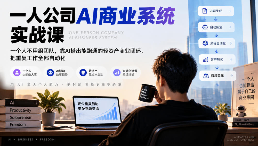 一人公司AI商业系统实战课,一个人不用组团队,靠AI搭出能跑通的轻资产商业闭环,把重复工作全部自动化-悟空知识星球