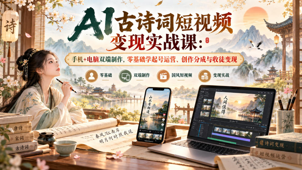 AI古诗词短视频变现实战课:手机+电脑双端制作,零基础学起号运营、创作分成与收徒变现-悟空知识星球