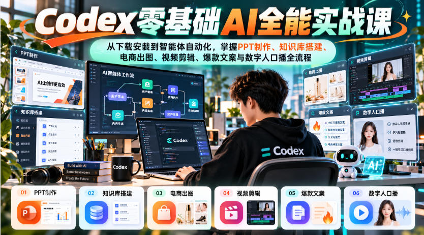 Codex零基础AI全能实战课：从下载安装到智能体自动化，掌握知识库搭建、电商出图、视频剪辑、爆款文案与数字人口播全流程-悟空知识星球