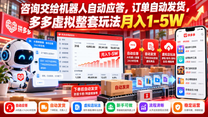 咨询交给机器人自动应答,订单自动发货,多多虚拟整套玩法月入1-5W【揭秘】-悟空知识星球