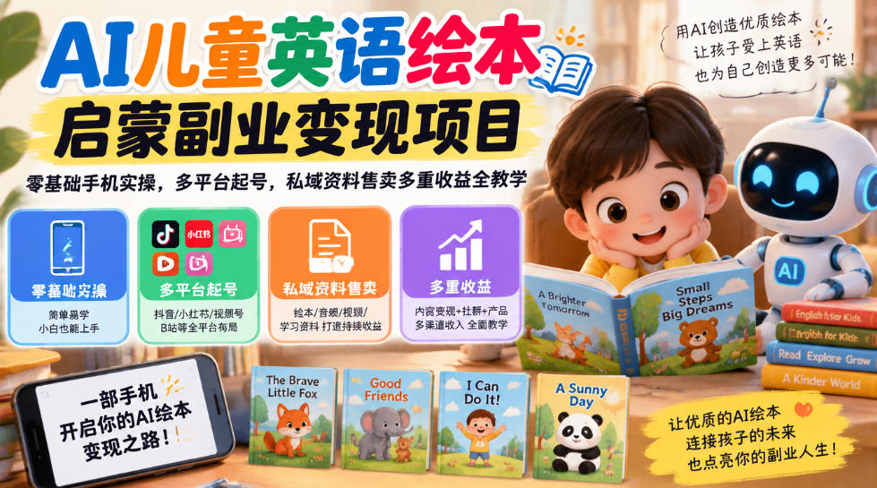 AI儿童英语绘本启蒙副业变现项目,零基础手机实操,多平台起号,私域资料售卖多重收益全教学-悟空知识星球