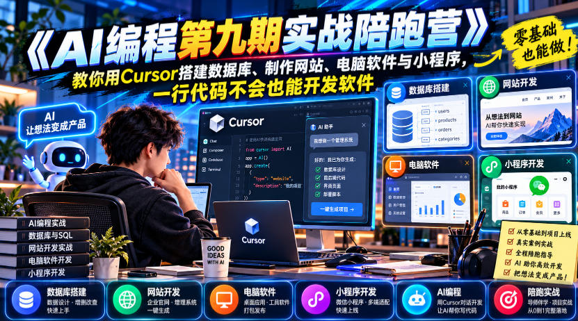 【无水印】《AI编程第九期实战陪跑营》教你用Cursor搭建数据库、制作网站、电脑软件与小程序,一行代码不会也能开发软件-悟空知识星球