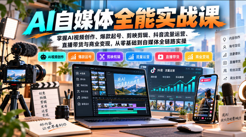 【无水印】AI自媒体全能实战课，掌握AI视频创作、爆款起号、剪映剪辑、抖音流量运营、直播带货与商业变现，从零基础到自媒体全链路实操-悟空知识星球