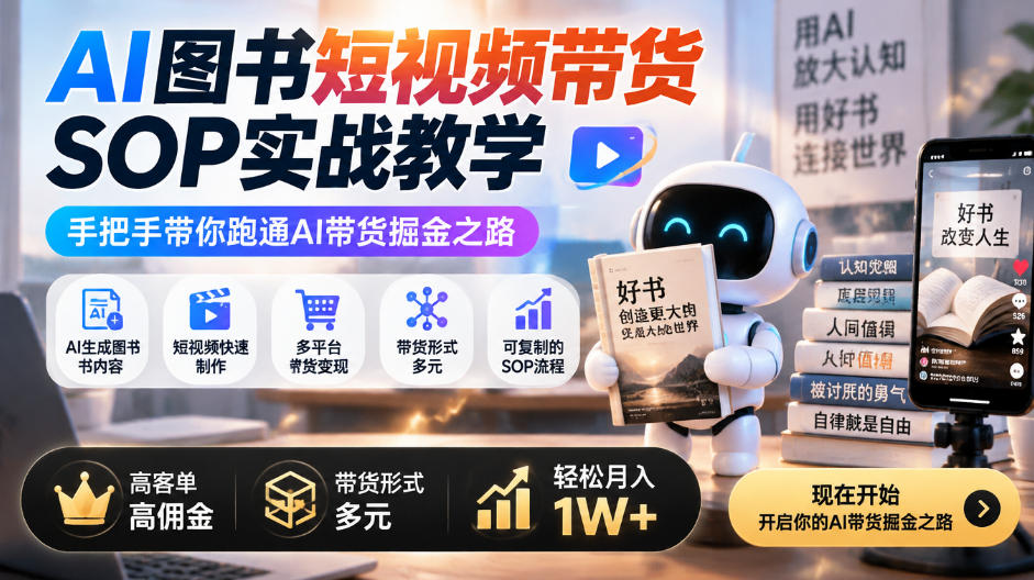 AI图书短视频带货SOP实战教学,手把手带你跑通AI带货掘金之路,高客单高佣金,带货形式多元,轻松月入1W+-悟空知识星球