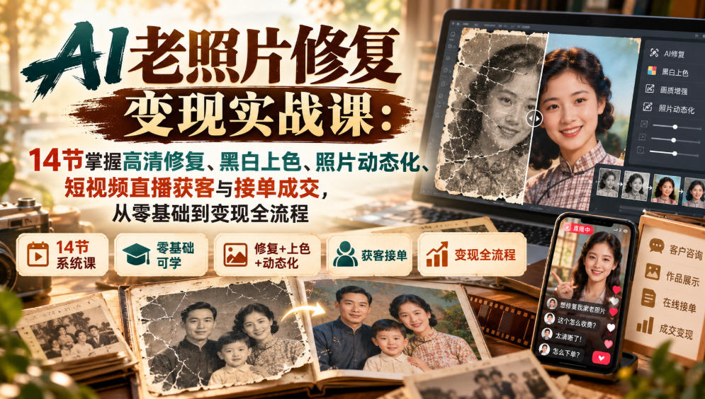 AI老照片修复变现实战课:14节掌握高清修复、黑白上色、照片动态化、短视频直播获客与接单成交,从零基础到变现全流程-悟空知识星球