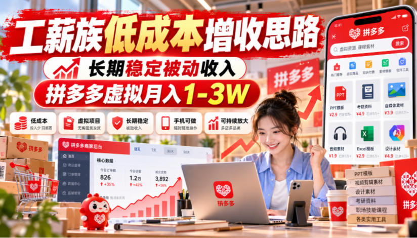 工薪族低成本增收思路,长期稳定被动收入,拼多多虚拟月入1-3W-悟空知识星球