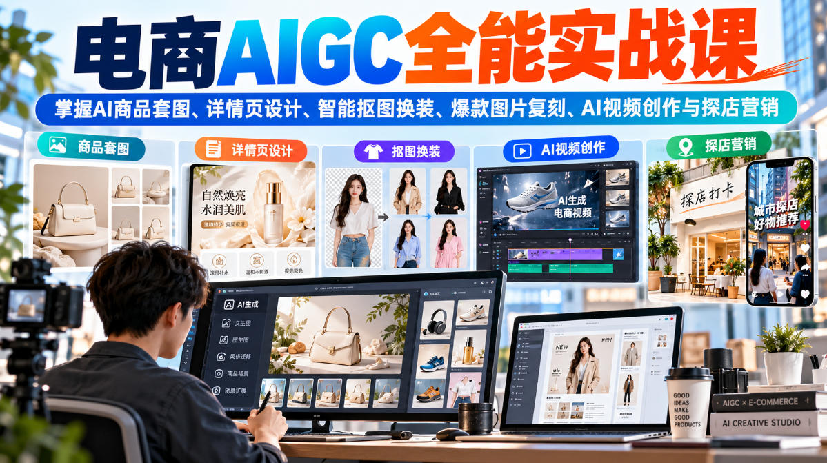 电商AIGC全能实战课:掌握AI商品套图、详情页设计、智能抠图换装、爆款图片复刻、AI视频创作与探店营销-悟空知识星球