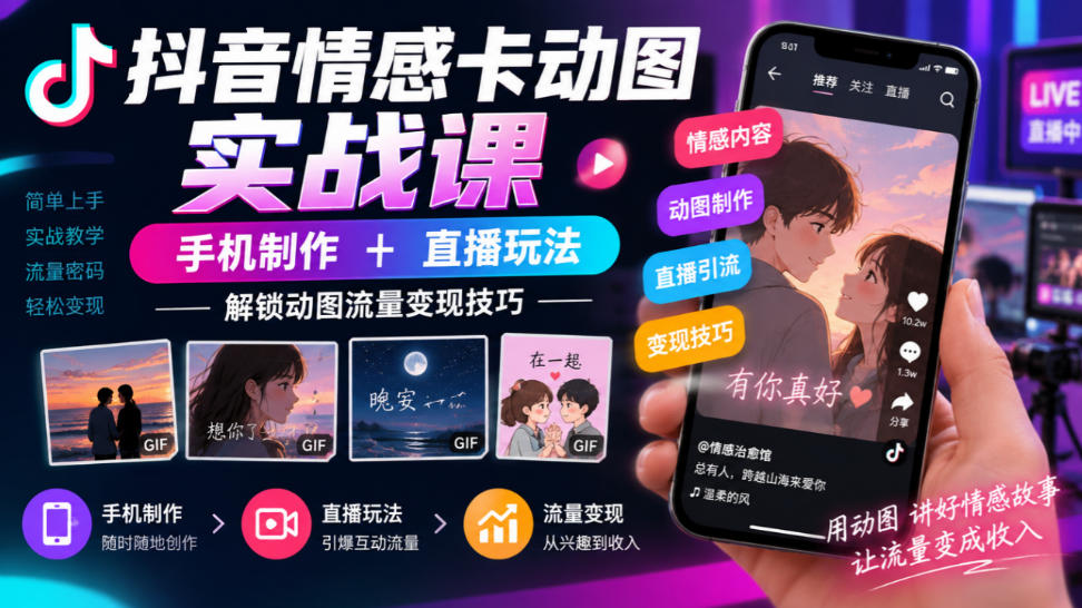 抖音情感卡动图实战课｜手机制作+直播玩法，解锁动图流量变现技巧-悟空知识星球