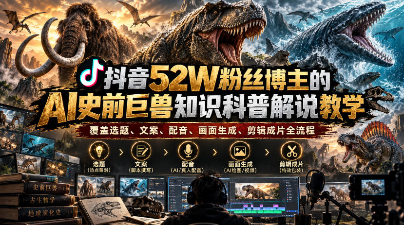 抖音52W粉丝博主的AI史前巨兽知识科普解说教学,覆盖选题、文案、配音、画面生成、剪辑成片全流程-悟空知识星球