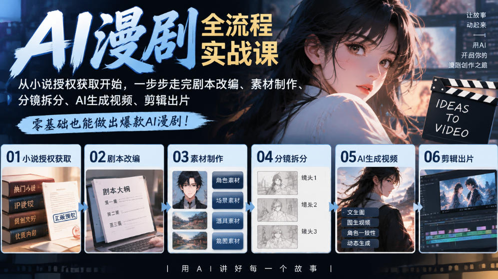 AI漫剧全流程实战课|从小说授权获取开始,一步步走完剧本改编、素材制作、分镜拆分、AI生成视频、剪辑出片全流程-悟空知识星球