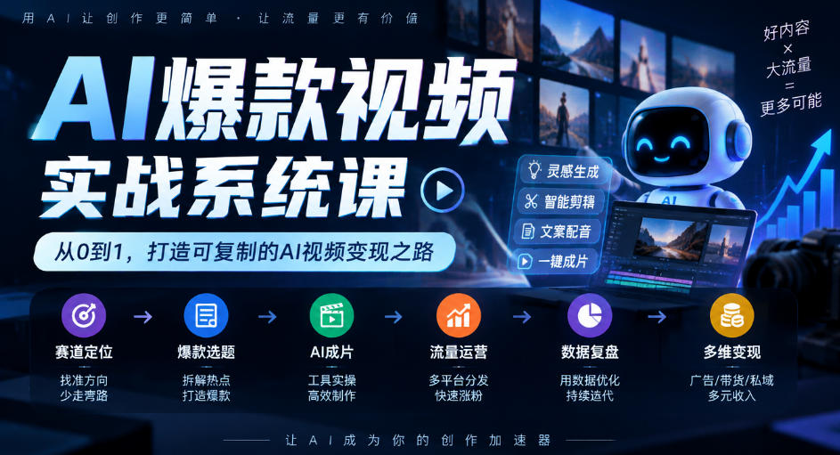 AI爆款视频实战系统课｜赛道定位、爆款选题、AI成片、流量运营、数据复盘、多维变现全链路教学-悟空知识星球