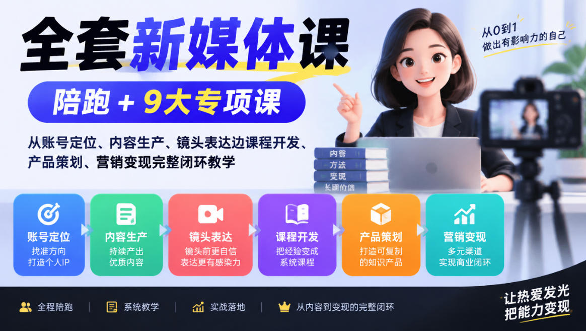 全套新媒体课｜陪跑+9大专项课，从账号定位、内容生产、镜头表达到课程开发、产品策划、营销变现完整闭环教学-悟空知识星球