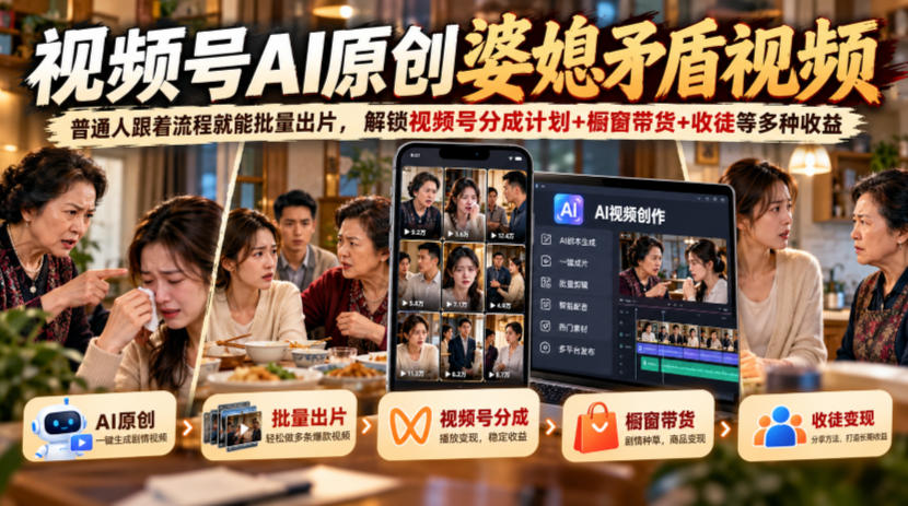 视频号ai原创婆媳矛盾视频，普通人跟着流程就能批量出片，解锁视频号分成计划+橱窗带货+收徒等多种收益-悟空知识星球