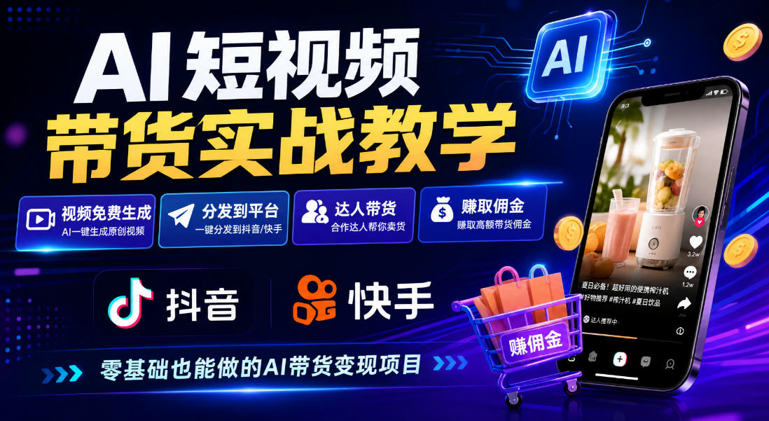 AI短视频带货实战教学,视频免费生成,分发到抖音快手平台,达人带货賺佣金-悟空知识星球