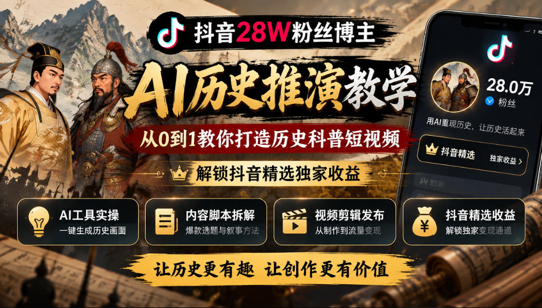 抖音28W粉丝博主的AI历史推演教学,从0到1教你打造历史科普短视频,解锁抖音精选独家收益-悟空知识星球