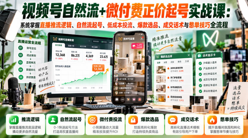 视频号自然流+微付费正价起号实战课：系统掌握直播推流逻辑、自然流起号、低成本投流、爆款选品、成交话术与憋单技巧全流程-悟空知识星球