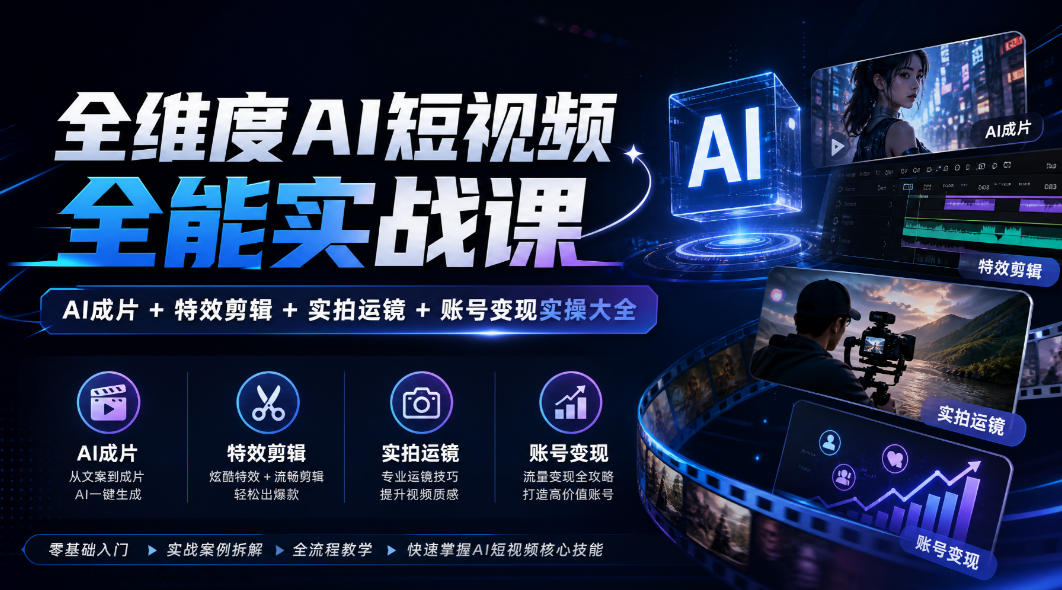 全维度AI短视频全能实战课,AI成片+特效剪辑+实拍运镜+账号变现实操大全-悟空知识星球