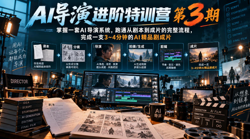 AI导演进阶特训营第3期,掌握一套AI导演系统,跑通从剧本到成片的完整流程,完成一支3~4分钟的AI精品剧成片(附1、2期)-悟空知识星球