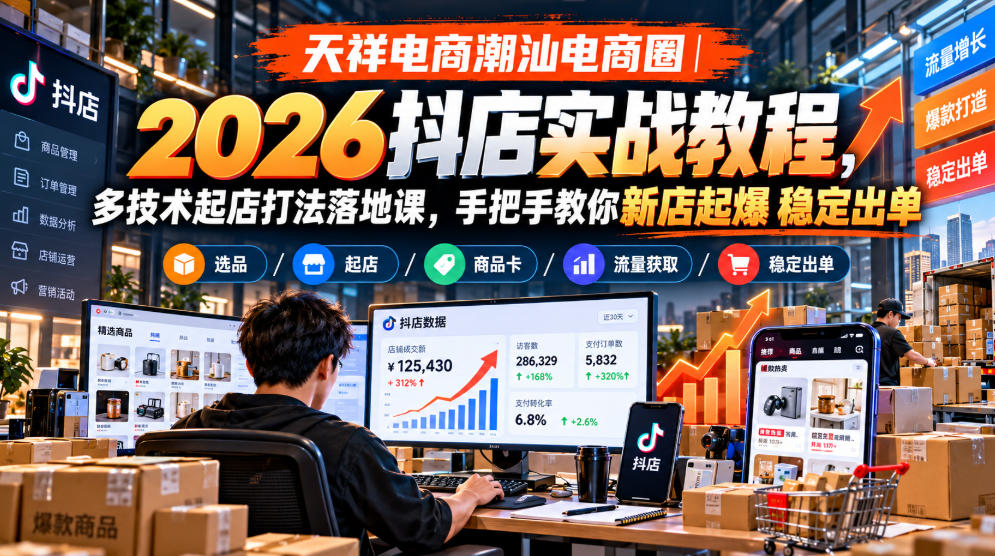 天祥电商潮汕电商圈|2026抖店实战教程,多技术起店打法落地课,手把手教你新店起爆稳定出单-悟空知识星球