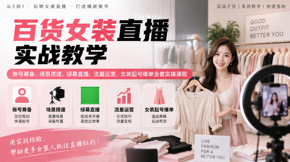 百货女装直播实战教学|账号筹备、场景搭建、绿幕直播、流量运营、女装起号爆单全套实操课程-悟空知识星球