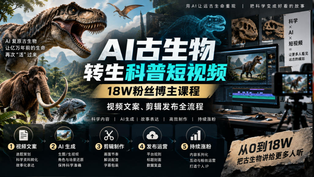 AI古生物转生科普短视频，18W粉丝博主课程，视频文案、剪辑发布全流程-悟空知识星球