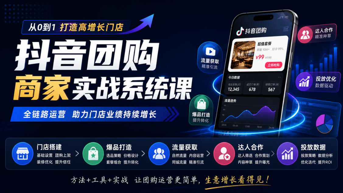 抖音团购商家实战系统课|门店搭建、爆品打造、流量获取、达人合作、投放数据全链路运营-悟空知识星球