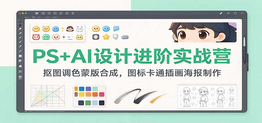 PS+AI设计进阶实战营:抠图调色蒙版合成,图标卡通插画海报制作-悟空知识星球