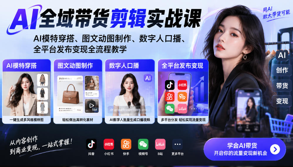 AI全域带货剪辑实战课|AI模特穿搭、图文动图制作、数字人口播、全平台发布变现全流程教学-悟空知识星球