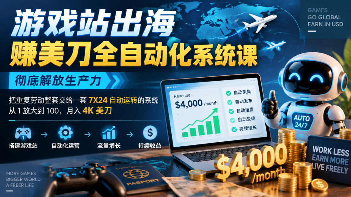 游戏站出海賺美刀全自动化系统课,彻底解放生产力–把重复劳动整套交给一套7X24自动运转的系统,从1放大到100,月入4K美刀-悟空知识星球