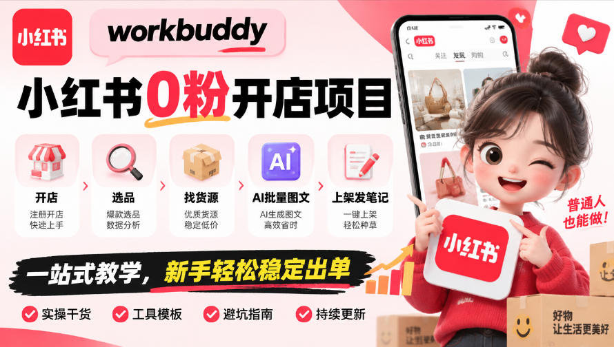 workbuddy小红书0粉开店项目,开店、选品、找货源、AI批量图文、上架发笔记一站式教学,新手轻松稳定出单-悟空知识星球