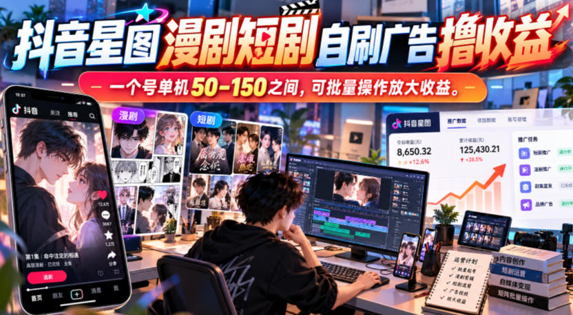 抖音星图漫剧短剧自刷广告撸收益,一个号单机50-150之间,可批量操作放大收益-悟空知识星球