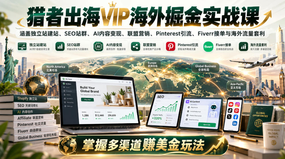 猎者出海VIP海外掘金实战课：涵盖独立站、SEO站群、AI变现、联盟营销、Pinterest引流、Fiverr接单与海外流量套利，掌握多渠道賺美金玩法-悟空知识星球