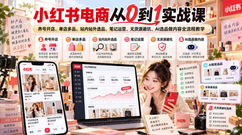 小红书电商从0到1实战课|养号开店、单店多品、站内站外选品、笔记运营、无货源避坑、AI选品做内容全流程教学-悟空知识星球